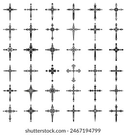 Christliche Kreuz-Vektorgrafik-Symbole.  Abstrakter christlicher Glaube oder Glaubenskunst Illustration für orthodoxe oder katholische Gestaltung. Das Symbol des Kreuzes in verschiedenen Designs verwendet in Tattoo.