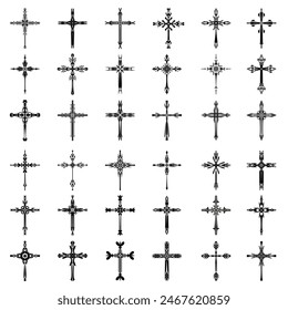 Christliche Kreuz-Vektorgrafik-Symbole.  Abstrakter christlicher Glaube oder Glaubenskunst Illustration für orthodoxe oder katholische Gestaltung. Das Symbol des Kreuzes in verschiedenen Designs verwendet in Tattoo.