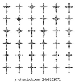 Christliche Kreuz-Vektorgrafik-Symbole.  Abstrakter christlicher Glaube oder Glaubenskunst Illustration für orthodoxe oder katholische Gestaltung. Das Symbol des Kreuzes in verschiedenen Designs verwendet in Tattoo.