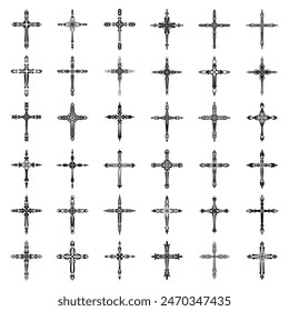 Christliche Kreuz-Vektorgrafik-Symbole.  Abstrakter christlicher Glaube oder Glaubenskunst Illustration für orthodoxe oder katholische Gestaltung. Das Symbol des Kreuzes in verschiedenen Designs verwendet in Tattoo.