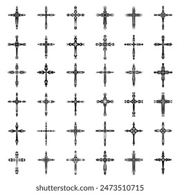 Christliche Kreuz-Vektorgrafik-Symbole.  Abstrakter christlicher Glaube oder Glaubenskunst Illustration für orthodoxe oder katholische Gestaltung. Das Symbol des Kreuzes in verschiedenen Designs verwendet in Tattoo.