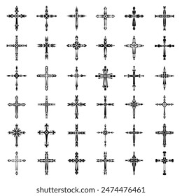 Christliche Kreuz-Vektorgrafik-Symbole.  Abstrakter christlicher Glaube oder Glaubenskunst Illustration für orthodoxe oder katholische Gestaltung. Das Symbol des Kreuzes in verschiedenen Designs verwendet in Tattoo.