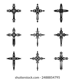 Christian cross vector icon symbols.  Abstract christian religious belief or faith art illustration for orthodox or catholic design. The symbol of the cross in various designs used in tattoo.