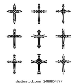 Christian cross vector icon symbols.  Abstract christian religious belief or faith art illustration for orthodox or catholic design. The symbol of the cross in various designs used in tattoo.