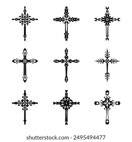 Christian cross vector icon symbols.  Abstract christian religious belief or faith art illustration for orthodox or catholic design. The symbol of the cross in various designs used in tattoo.	