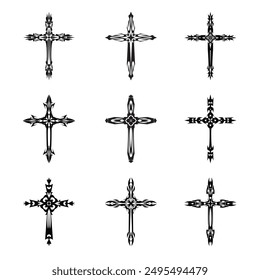 Christian cross vector icon symbols.  Abstract christian religious belief or faith art illustration for orthodox or catholic design. The symbol of the cross in various designs used in tattoo.	