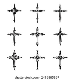 Christian cross vector icon symbols.  Abstract christian religious belief or faith art illustration for orthodox or catholic design. The symbol of the cross in various designs used in tattoo.	