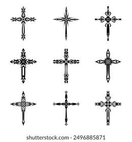 Christian cross vector icon symbols.  Abstract christian religious belief or faith art illustration for orthodox or catholic design. The symbol of the cross in various designs used in tattoo.	