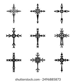 Christian cross vector icon symbols.  Abstract christian religious belief or faith art illustration for orthodox or catholic design. The symbol of the cross in various designs used in tattoo.	