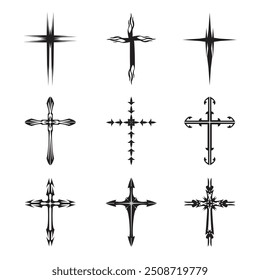 Christian cross vector icon symbols.  Abstract christian religious belief or faith art illustration for orthodox or catholic design. The symbol of the cross in various designs used in tattoo.	