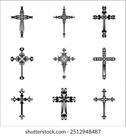 Christian cross vector icon symbols.  Abstract christian religious belief or faith art illustration for orthodox or catholic design. The symbol of the cross in various designs used in tattoo.