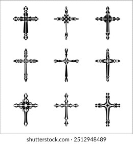 Christian cross vector icon symbols.  Abstract christian religious belief or faith art illustration for orthodox or catholic design. The symbol of the cross in various designs used in tattoo.