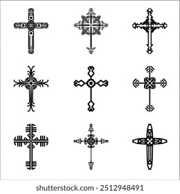 Christian cross vector icon symbols.  Abstract christian religious belief or faith art illustration for orthodox or catholic design. The symbol of the cross in various designs used in tattoo.