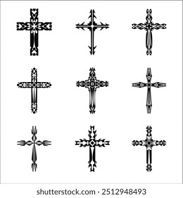 Christian cross vector icon symbols.  Abstract christian religious belief or faith art illustration for orthodox or catholic design. The symbol of the cross in various designs used in tattoo.