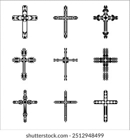 Christian cross vector icon symbols.  Abstract christian religious belief or faith art illustration for orthodox or catholic design. The symbol of the cross in various designs used in tattoo.