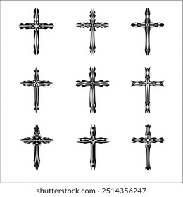 Christian cross vector icon symbols.  Abstract christian religious belief or faith art illustration for orthodox or catholic design. The symbol of the cross in various designs used in tattoo.