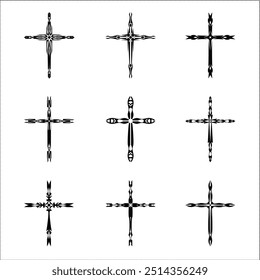 Christian cross vector icon symbols.  Abstract christian religious belief or faith art illustration for orthodox or catholic design. The symbol of the cross in various designs used in tattoo.