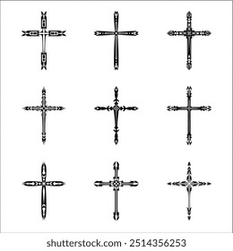 Christian cross vector icon symbols.  Abstract christian religious belief or faith art illustration for orthodox or catholic design. The symbol of the cross in various designs used in tattoo.