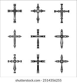 Christian cross vector icon symbols.  Abstract christian religious belief or faith art illustration for orthodox or catholic design. The symbol of the cross in various designs used in tattoo.