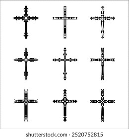 Christian cross vector icon symbols.  Abstract christian religious belief or faith art illustration for orthodox or catholic design. The symbol of the cross in various designs used in tattoo.	