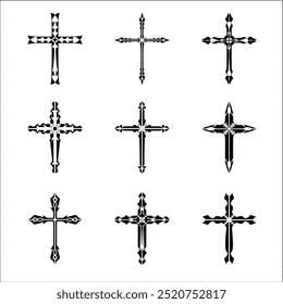 Christian cross vector icon symbols.  Abstract christian religious belief or faith art illustration for orthodox or catholic design. The symbol of the cross in various designs used in tattoo.	