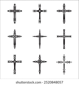 Christian cross vector icon symbols.  Abstract christian religious belief or faith art illustration for orthodox or catholic design. The symbol of the cross in various designs used in tattoo.	