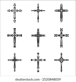 Christian cross vector icon symbols.  Abstract christian religious belief or faith art illustration for orthodox or catholic design. The symbol of the cross in various designs used in tattoo.	