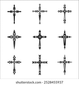 Christian cross vector icon symbols.  Abstract christian religious belief or faith art illustration for orthodox or catholic design. The symbol of the cross in various designs used in tattoo.	