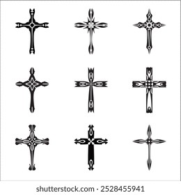 Christian cross vector icon symbols.  Abstract christian religious belief or faith art illustration for orthodox or catholic design. The symbol of the cross in various designs used in tattoo.	