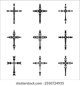 Christliche Kreuz-Vektorsymbol.  Abstrakte christliche religiöse Überzeugung oder Glaubenskunst Illustration für orthodoxe oder katholische Gestaltung. Das Symbol des Kreuzes in verschiedenen Designs in Tattoo verwendet.