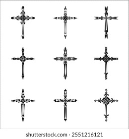 Christian cross vector icon symbols.  Abstract christian religious belief or faith art illustration for orthodox or catholic design. The symbol of the cross in various designs used in tattoo.