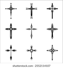 Christliche Kreuz-Vektorsymbol.  Abstrakte christliche religiöse Überzeugung oder Glaubenskunst Illustration für orthodoxe oder katholische Gestaltung. Das Symbol des Kreuzes in verschiedenen Designs in Tattoo verwendet.