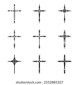 Christliche Kreuz-Vektorsymbol.  Abstrakte christliche religiöse Überzeugung oder Glaubenskunst Illustration für orthodoxe oder katholische Gestaltung. Das Symbol des Kreuzes in verschiedenen Designs in Tattoo verwendet.	