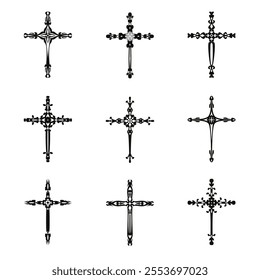 Christian cross vector icon symbols.  Abstract christian religious belief or faith art illustration for orthodox or catholic design. The symbol of the cross in various designs used in tattoo.	