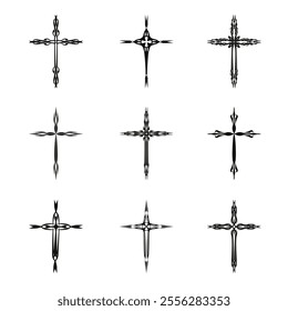 Christian cross vector icon symbols.  Abstract christian religious belief or faith art illustration for orthodox or catholic design. The symbol of the cross in various designs used in tattoo.