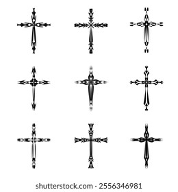 Christian cross vector icon symbols.  Abstract christian religious belief or faith art illustration for orthodox or catholic design. The symbol of the cross in various designs used in tattoo.