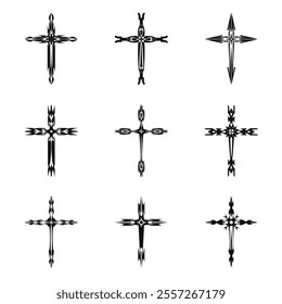 Christian cross vector icon symbols.  Abstract christian religious belief or faith art illustration for orthodox or catholic design. The symbol of the cross in various designs used in tattoo.