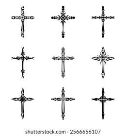 Christian cross vector icon symbols.  Abstract christian religious belief or faith art illustration for orthodox or catholic design. The symbol of the cross in various designs used in tattoo.