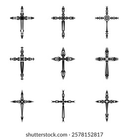 Christian cross vector icon symbols.  Abstract christian religious belief or faith art illustration for orthodox or catholic design. The symbol of the cross in various designs used in tattoo.	