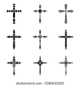 Christian cross vector icon symbols.  Abstract christian religious belief or faith art illustration for orthodox or catholic design. The symbol of the cross in various designs used in tattoo.