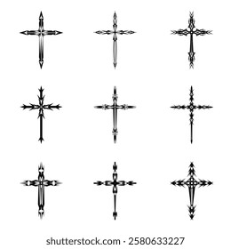 Christian cross vector icon symbols.  Abstract christian religious belief or faith art illustration for orthodox or catholic design. The symbol of the cross in various designs used in tattoo.