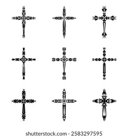 Christian cross vector icon symbols.  Abstract christian religious belief or faith art illustration for orthodox or catholic design. The symbol of the cross in various designs used in tattoo.