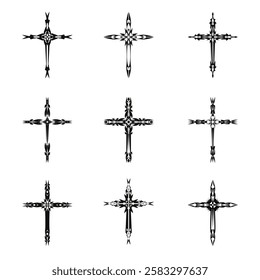 Christian cross vector icon symbols.  Abstract christian religious belief or faith art illustration for orthodox or catholic design. The symbol of the cross in various designs used in tattoo.