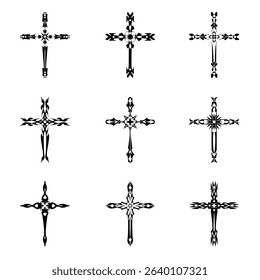 Christian cross vector icon symbols.  Abstract christian religious belief or faith art illustration for orthodox or catholic design. The symbol of the cross in various designs used in tattoo.