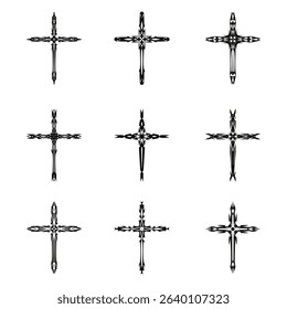 Christian cross vector icon symbols.  Abstract christian religious belief or faith art illustration for orthodox or catholic design. The symbol of the cross in various designs used in tattoo.