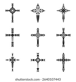 Christian cross vector icon symbols.  Abstract christian religious belief or faith art illustration for orthodox or catholic design. The symbol of the cross in various designs used in tattoo.