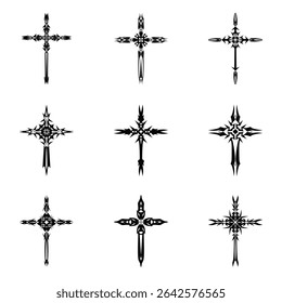 Símbolos de ícone de vetor cruzado cristão.  Abstrato crença religiosa cristã ou ilustração de arte de fé para design ortodoxo ou católico. O símbolo da cruz em vários desenhos usados na tatuagem.