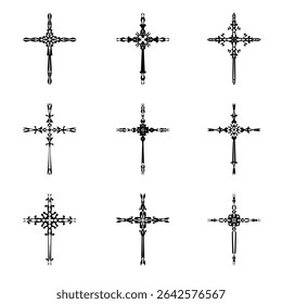 Símbolos de ícone de vetor cruzado cristão.  Abstrato crença religiosa cristã ou ilustração de arte de fé para design ortodoxo ou católico. O símbolo da cruz em vários desenhos usados na tatuagem.