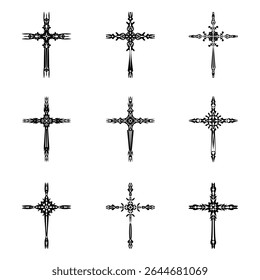 Símbolos de ícone de vetor cruzado cristão.  Abstrato crença religiosa cristã ou ilustração de arte de fé para design ortodoxo ou católico. O símbolo da cruz em vários desenhos usados na tatuagem.