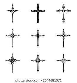 Símbolos de ícone de vetor cruzado cristão.  Abstrato crença religiosa cristã ou ilustração de arte de fé para design ortodoxo ou católico. O símbolo da cruz em vários desenhos usados na tatuagem.